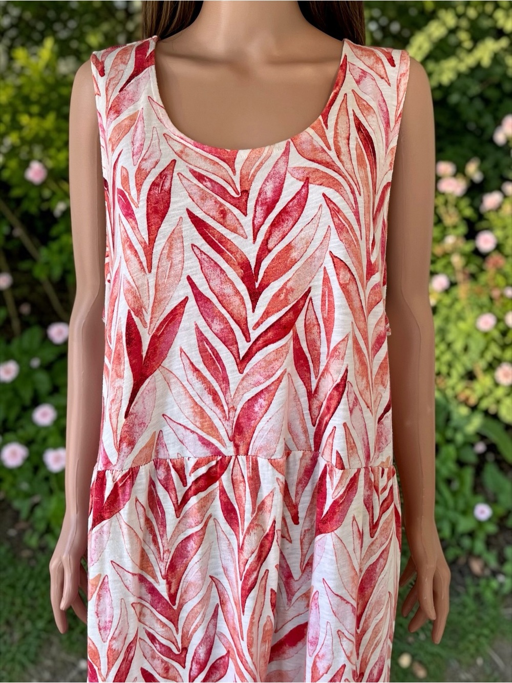 D&Co Beach Linen Blend Tiered Midi Dress 2X Tropical Leaf Print Pockets - Picture 2 of 7